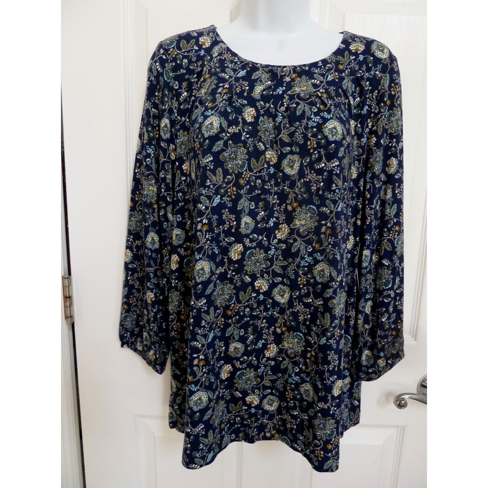 Croft & Barrow Women L 14/16 Floral Balloon Sleeve Gathered Neck Top Navy